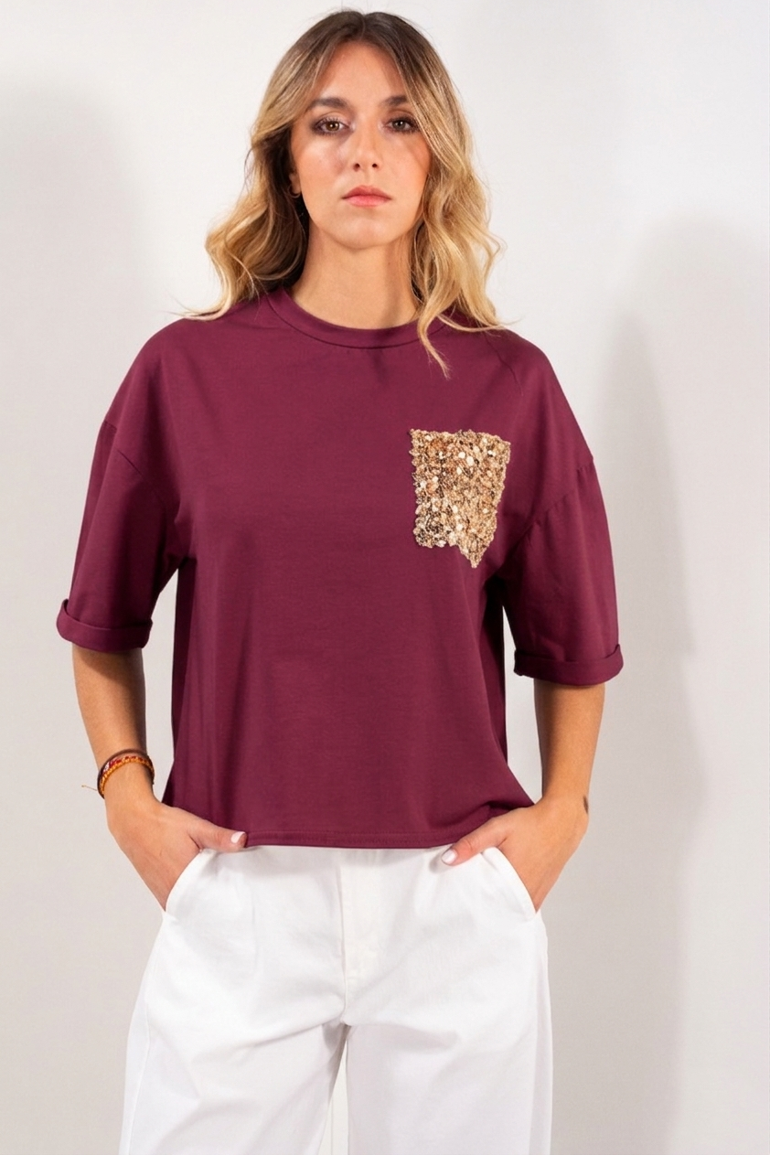 T-SHIRT COTONE TASCA PAILLETTES