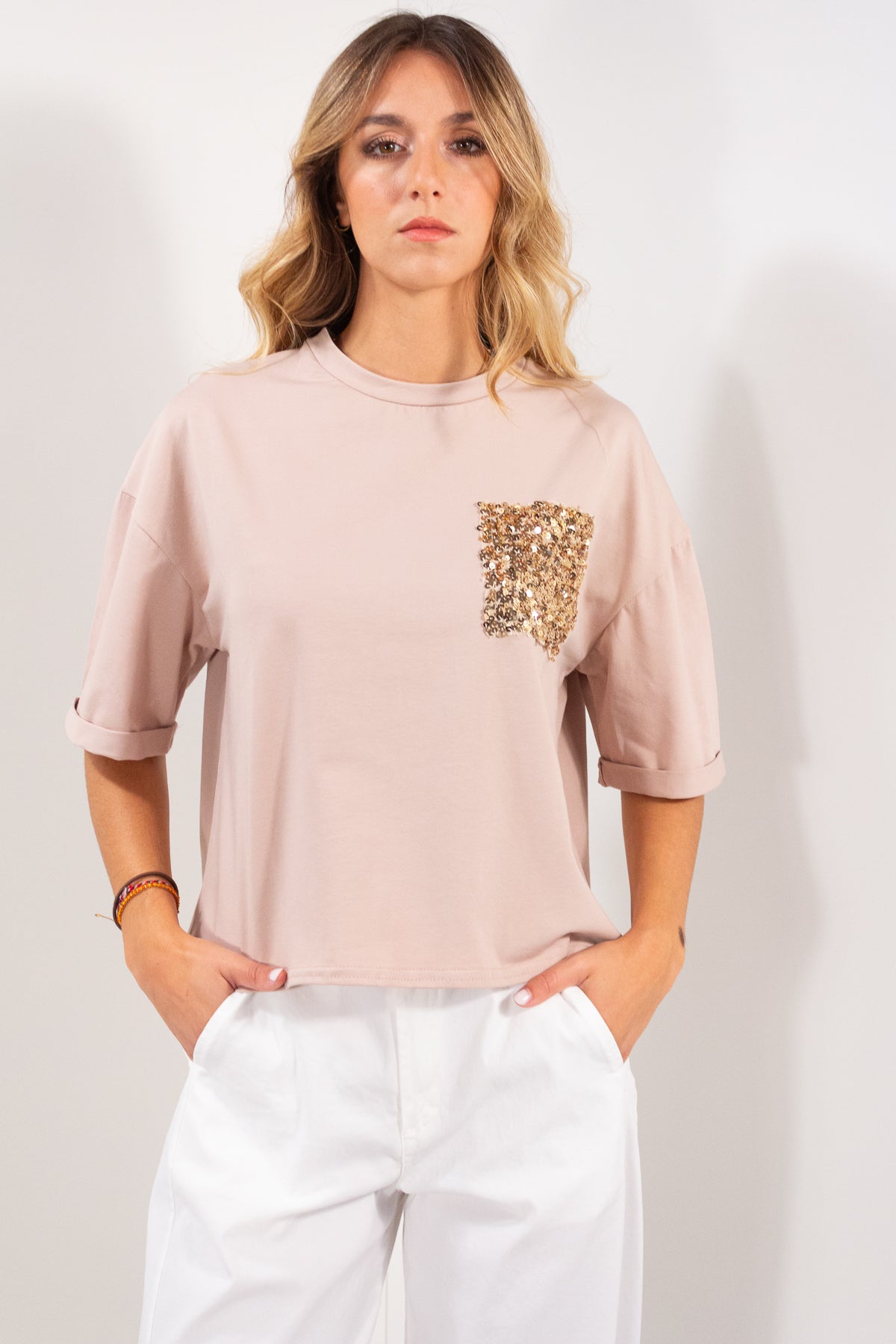 T-SHIRT COTONE TASCA PAILLETTES