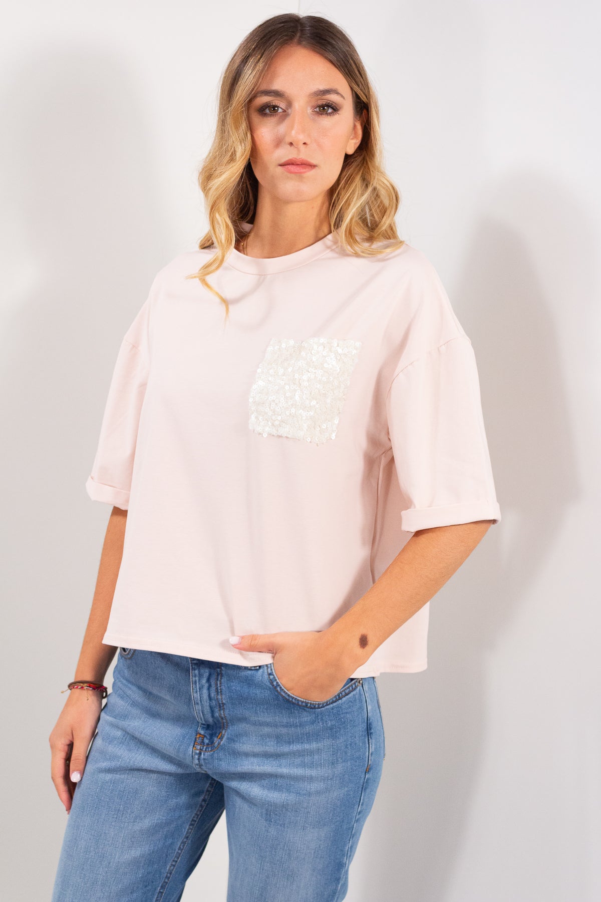 T-SHIRT COTONE TASCA PAILLETTES